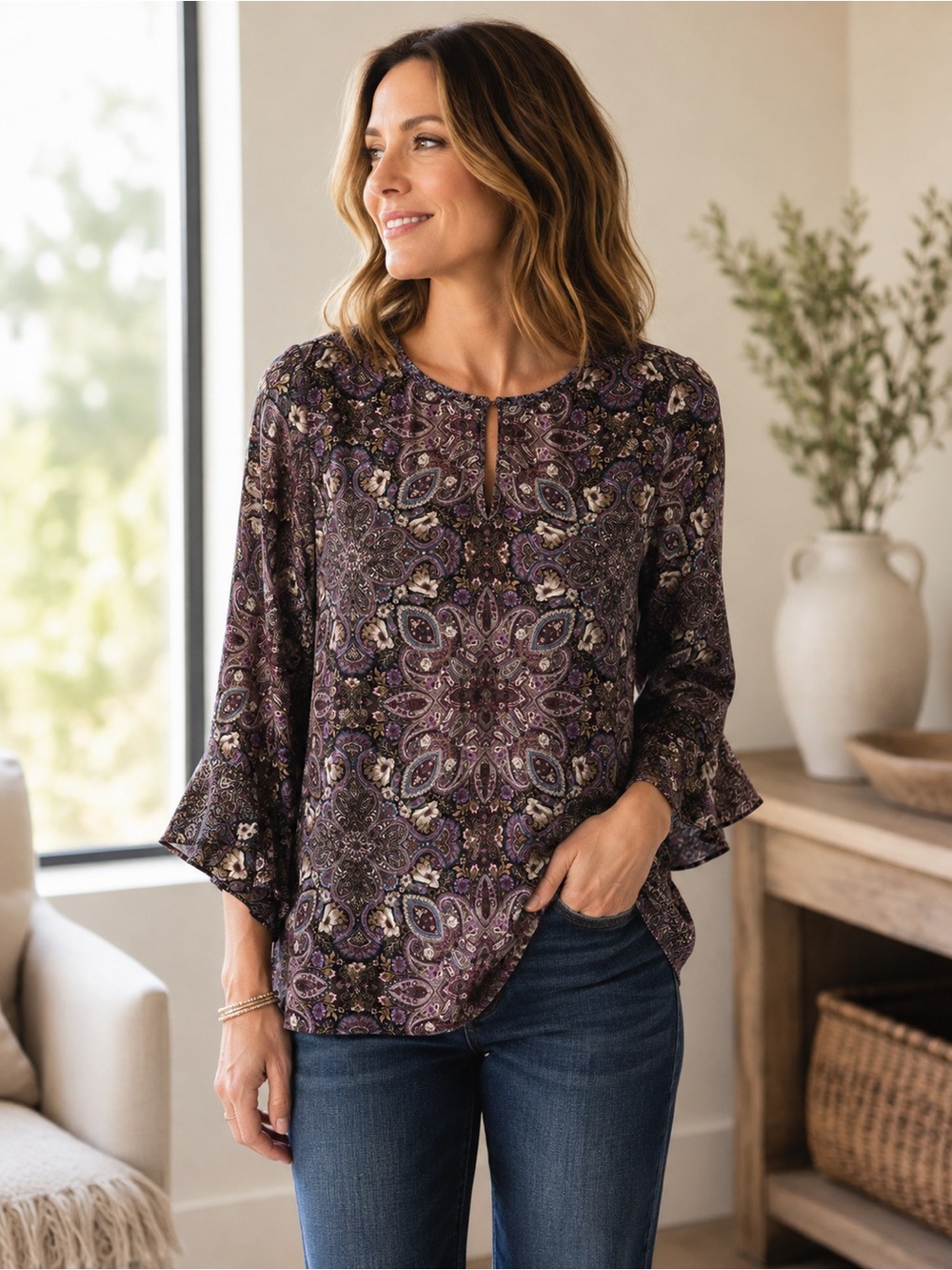 J Jill Medallion Paisley Print Tunic Blouse Medium Boho Relaxed Fit Lightweight
